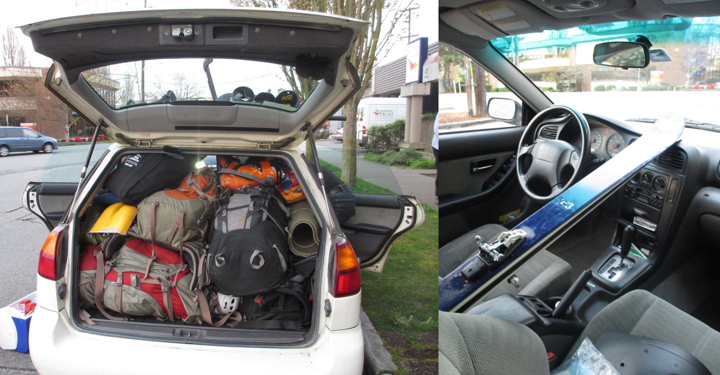 A white hatchback vehicle is stuffed to the brim with gear, creatively placed to fill every holdout of empty space.