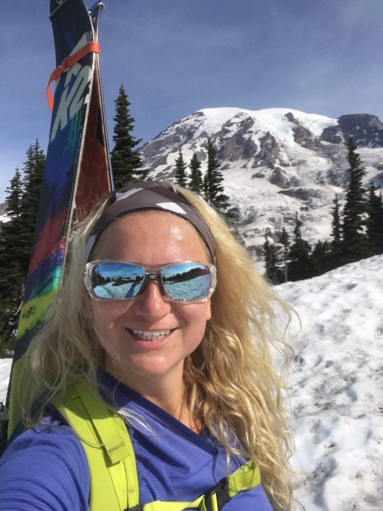 Kristina Ciari in front of Tahoma (Mt. Rainier)