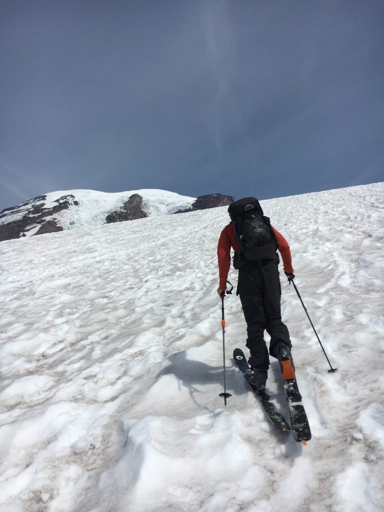 Skinning up the Muir Snowfield, July 4, 2019.