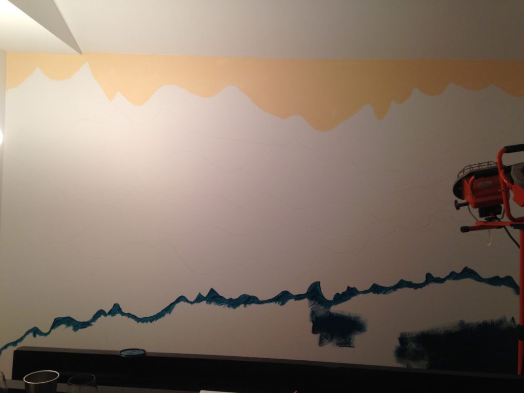 A mostly white wall with a yellow sky outline on the top and a dark blue outline on the bottom.