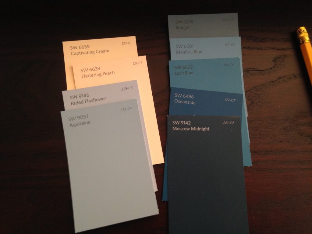 Nine paint colors listed in a row, from light peach to dark blue.