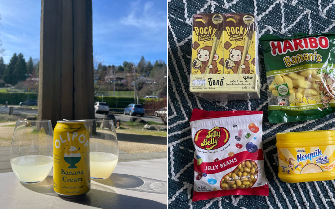 Side by side images of a banana OliPop soda drink, alongside an image of choco banana pocky sticks, haribo banans, banana jelly bellys, and banana Nesquik.