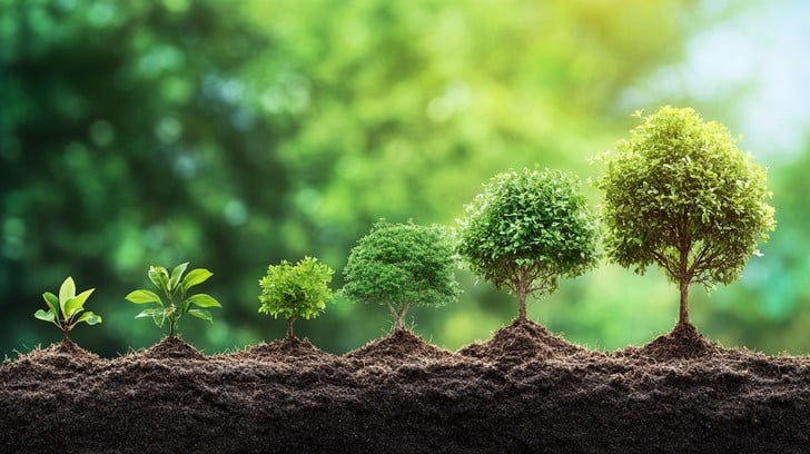Six trees in a row, starting on the left with a small bud and growing into a big tree on the right. Representing organic growth with intentional nurturing.